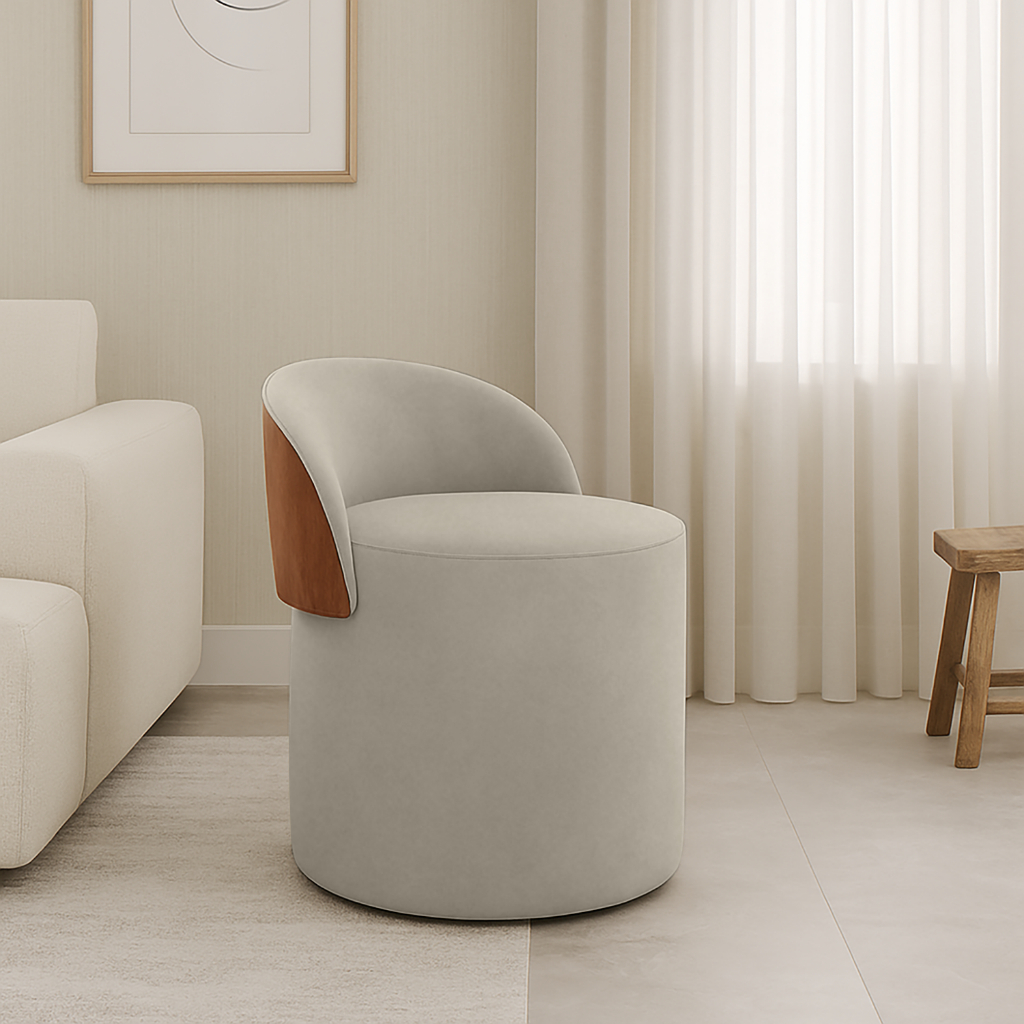 Puff Orgânico Redondo com Encosto Luxo Composé Corino e Suede para Sala e Recepção