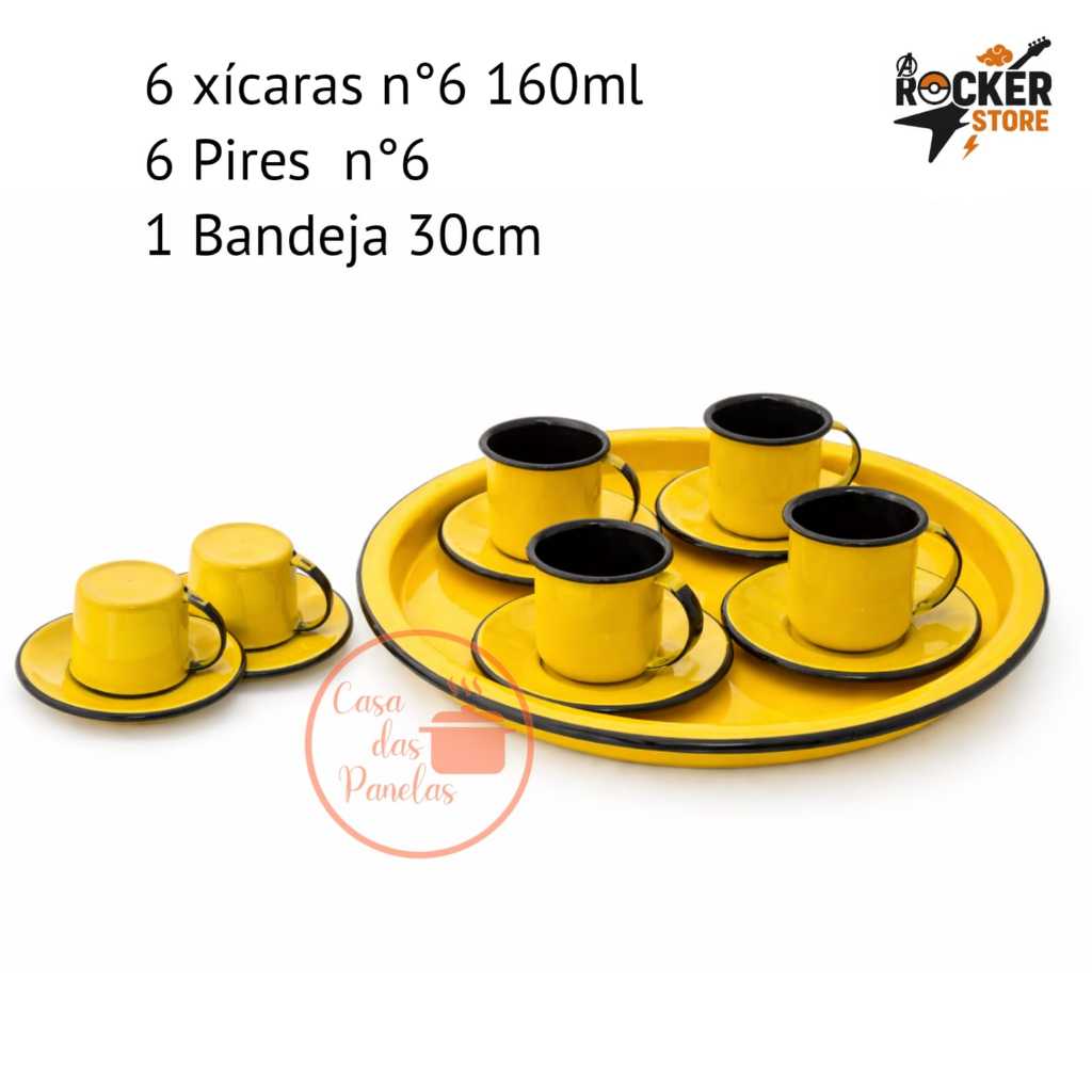 kit xicara 160ml + pires + bandeja /grossa ágata esmaltada amarela (6xic+6pires+1bdj)