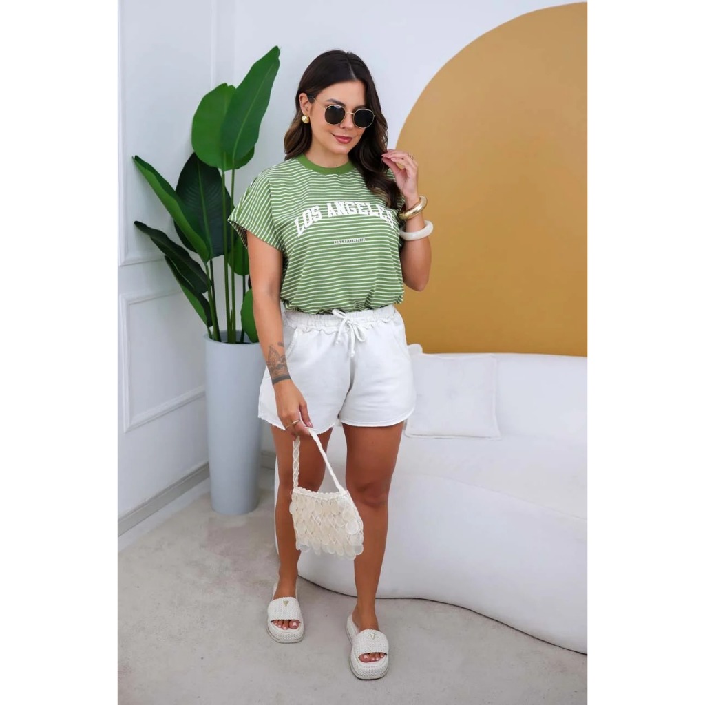 Conjunto Feminino Shorts Cós Alto Moletom Camiseta Listrada Los Angeles 100% Algodão Premium
