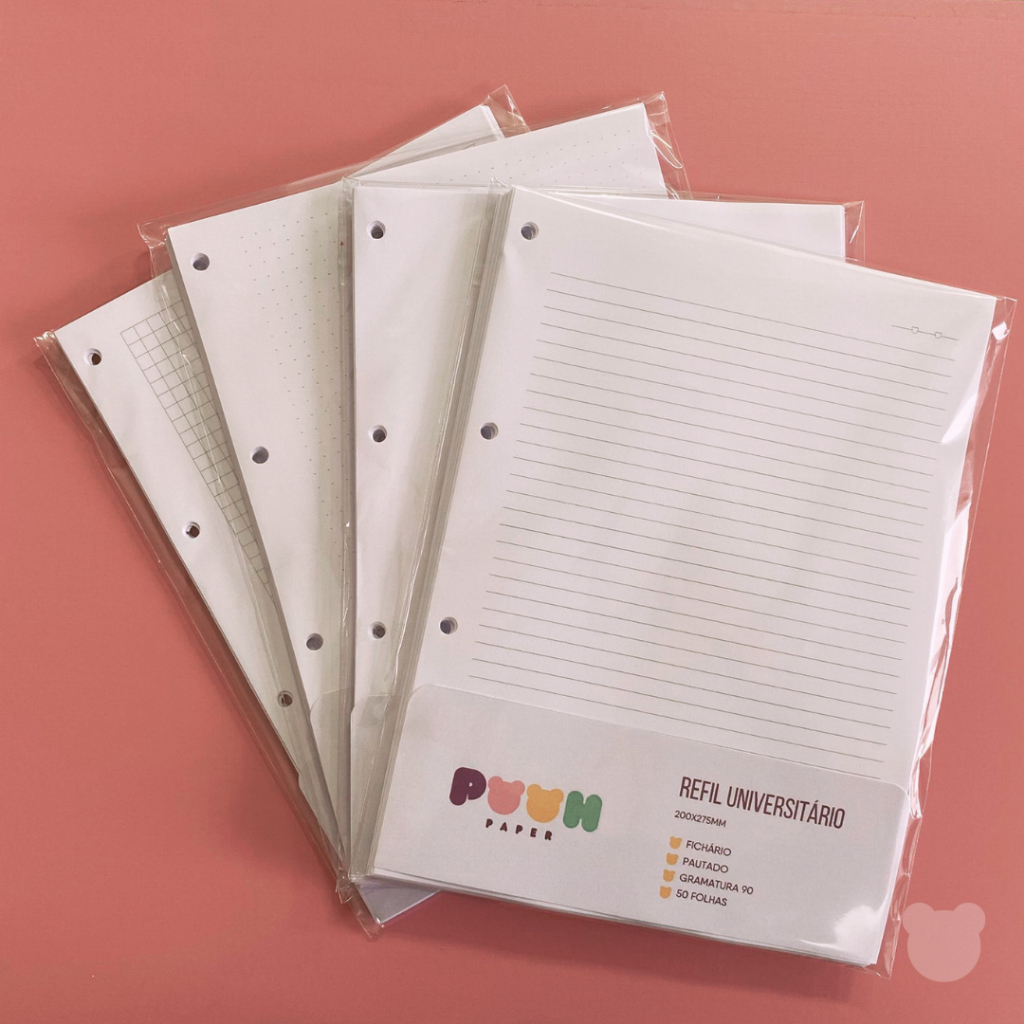 Refil A4  Universitário Fichário Caderno Argolado 4 furos 50 Folhas - Pautado, Quadriculado, Pontilhado, Liso
