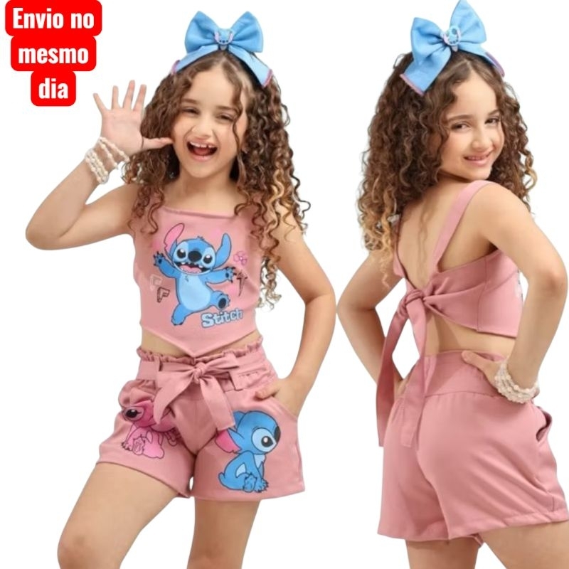 Conjunto Infantil Feminino Fashion Blusa Cropped + Short Cargo Menina Blogueirinha Festa 2 a 10 anos