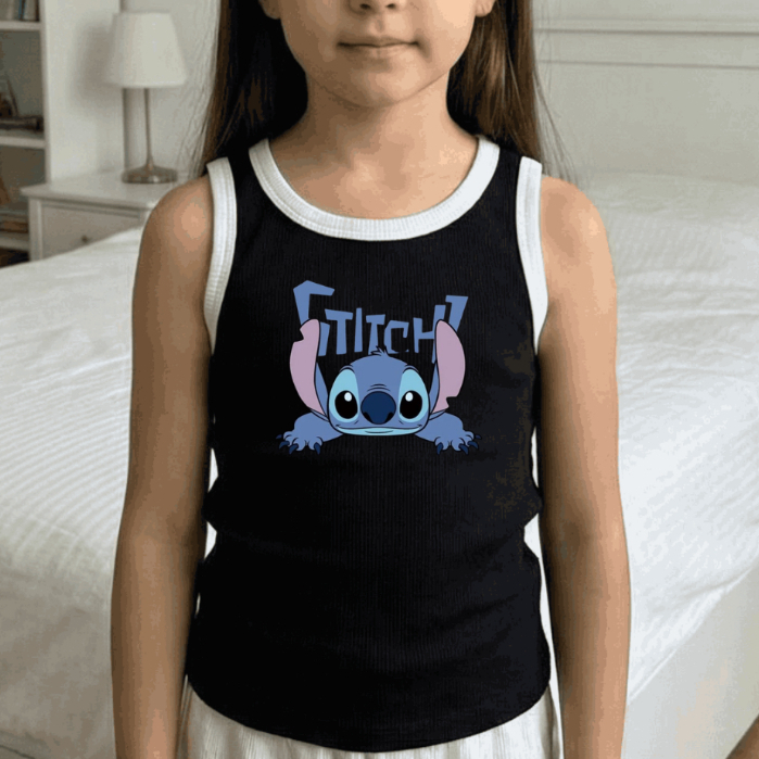 Blusa Regata Infantil Feminina Estampa Lilo Stitch Desenho Confortável E Estilosa Para Escola Passeios Dia A Dia