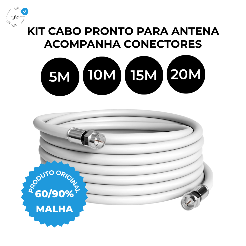 Cabo Coaxial RG6 Para Antena Parabólica ou Digital TV Televisão Cabletec Montado com Conectores