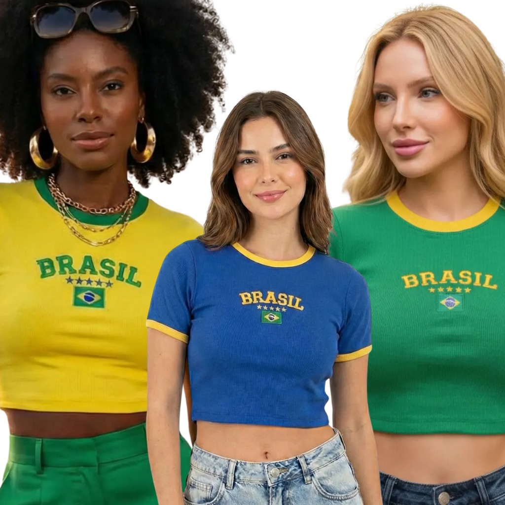 Cropped Blusa Copa do Mundo 2026 Manga Ribana Verão Praia Sem Bojo