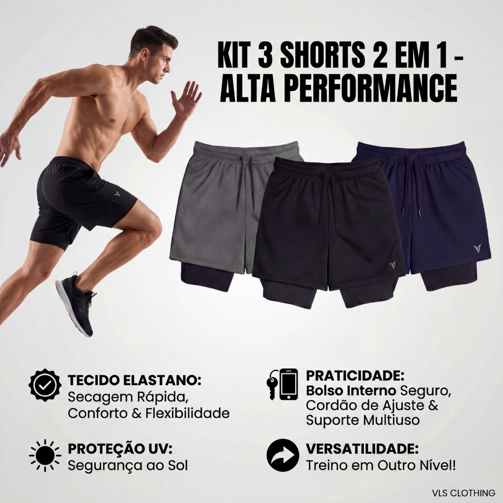 KIT 1/3 Shorts 2 em 1 DryFit VLS Original Elastano Academia Esporte Treino Masculino em Oferta na Shopee