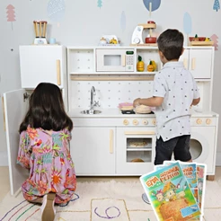 Cozinha Infantil com Geladeira e Máquina de Lavar Madeira Branco Kit Livro Educativo