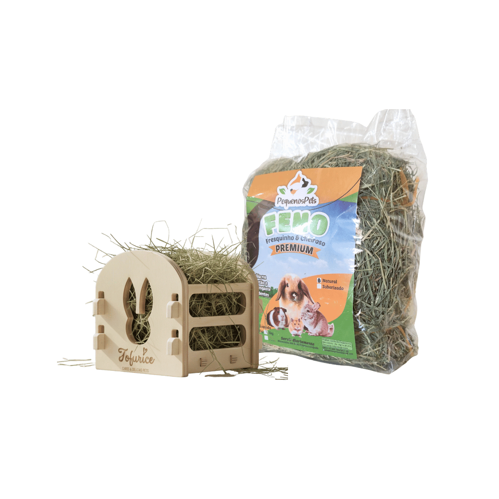 Porta Feno + 1kg Feno  ( Comedouro de madeira pinus para Coelho e outros Roedores)