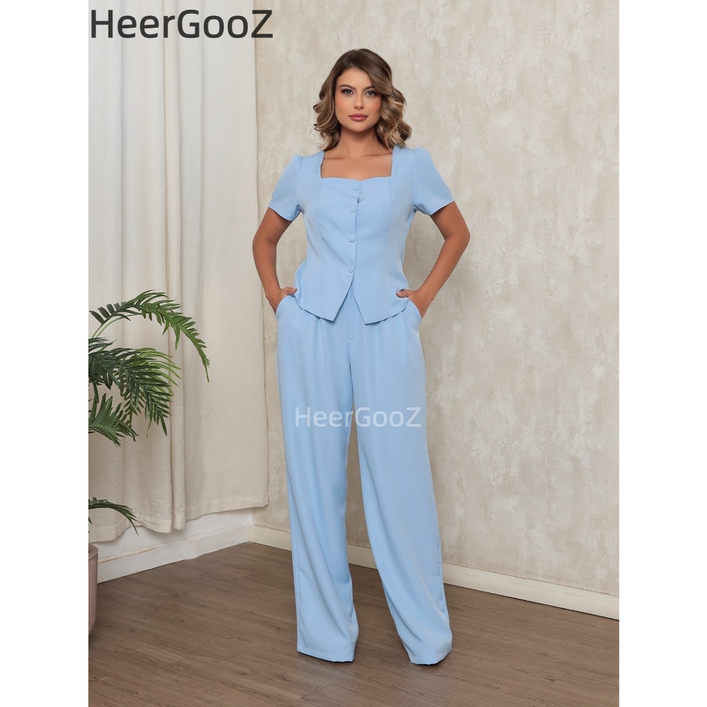 Conjunto Feminino de 2 Peças: Blusa de Manga Curta com Decote Quadrado e Calça Pantalona Alfaiataria Elegante