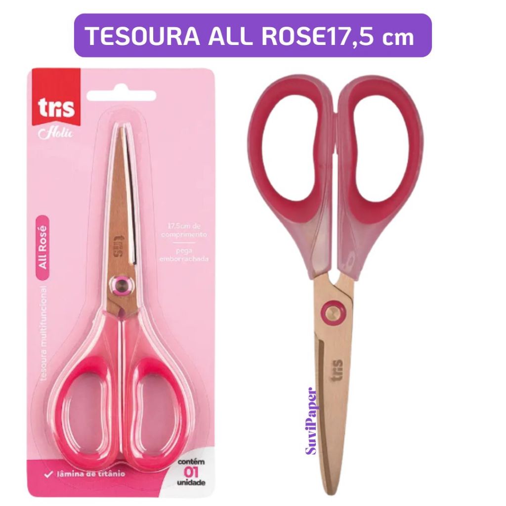 Tesoura Multifuncional Tris Holic All Rose Lâmina Titânio 17,5cm Escritório e Escolar
