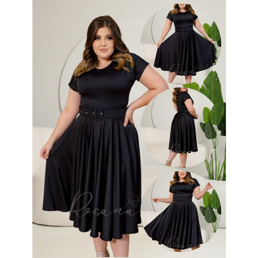 Vestido Midi Godê Preto Acompanha Cinto Moda Chique