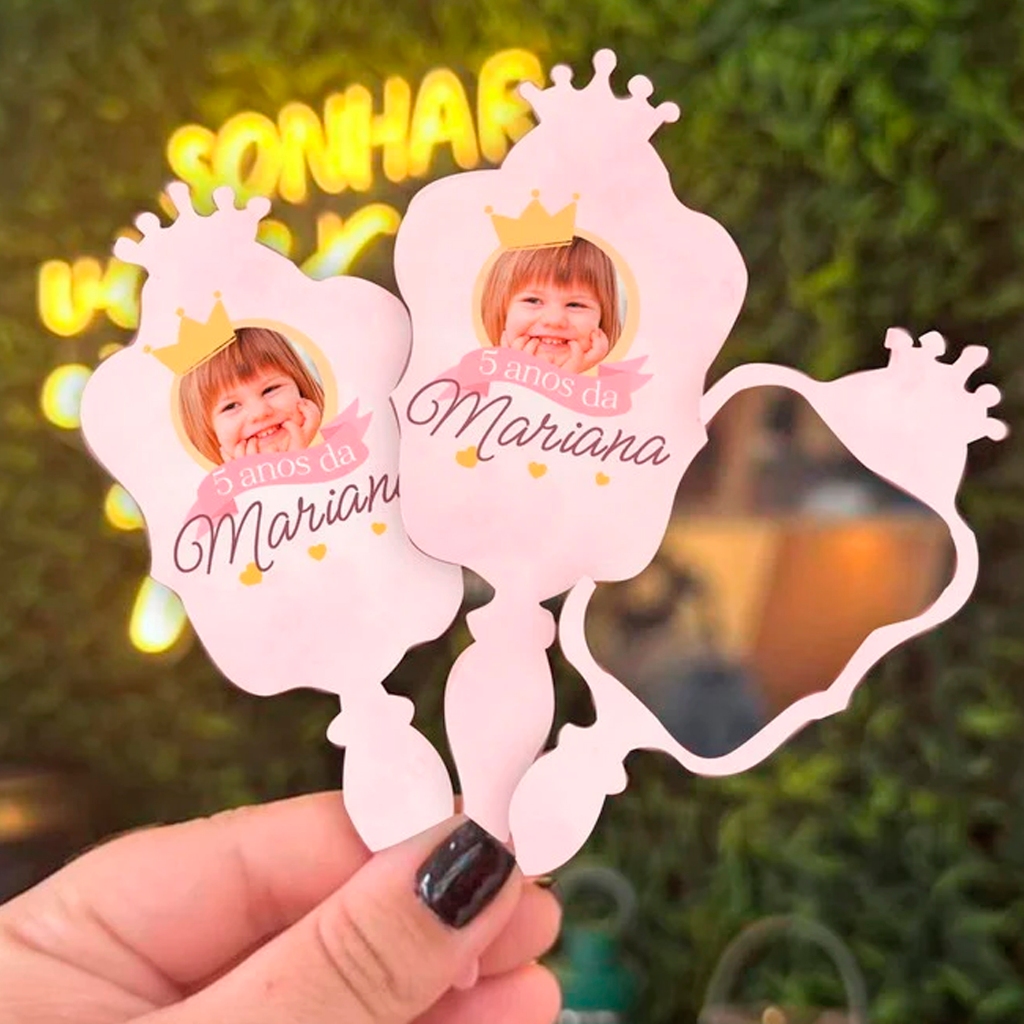 30/50/100 Espelho de Bolsa Personalizado em Acrílico | Lembrancinha Infantil Princesas | Nome e Foto