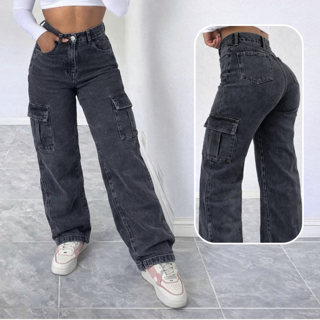 Calça Wide Leg Jeans Feminina Marmorizada CARGO Cintura Alta Sem Lycra