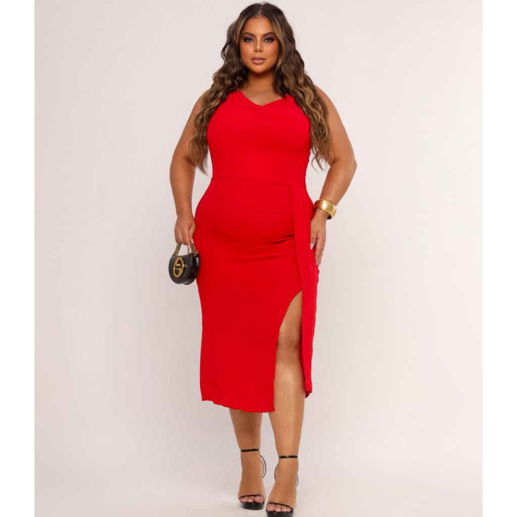 Vestido Feminino Midi Plus Size Duna Fenda Liso Lateral, Costas Aberta Elegante Festa e Sensual