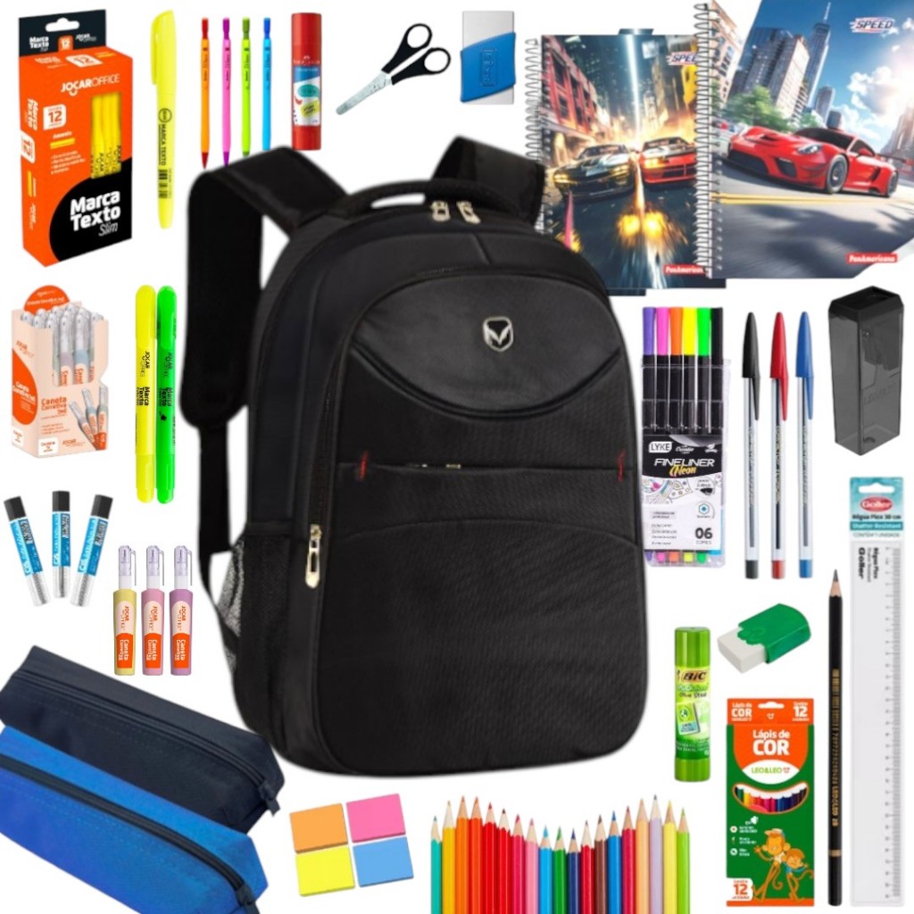 Kit Material Escolar Completo Com Mochila Escolar Estojo Escolar Masculino Preto em Oferta na Shopee