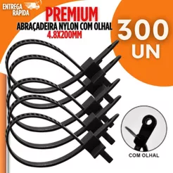 KIT 300 Abraçadeiras Nylon 4,8x200mm Com Olhal Preta Enforca Gato Presilhas Premium Utilidades