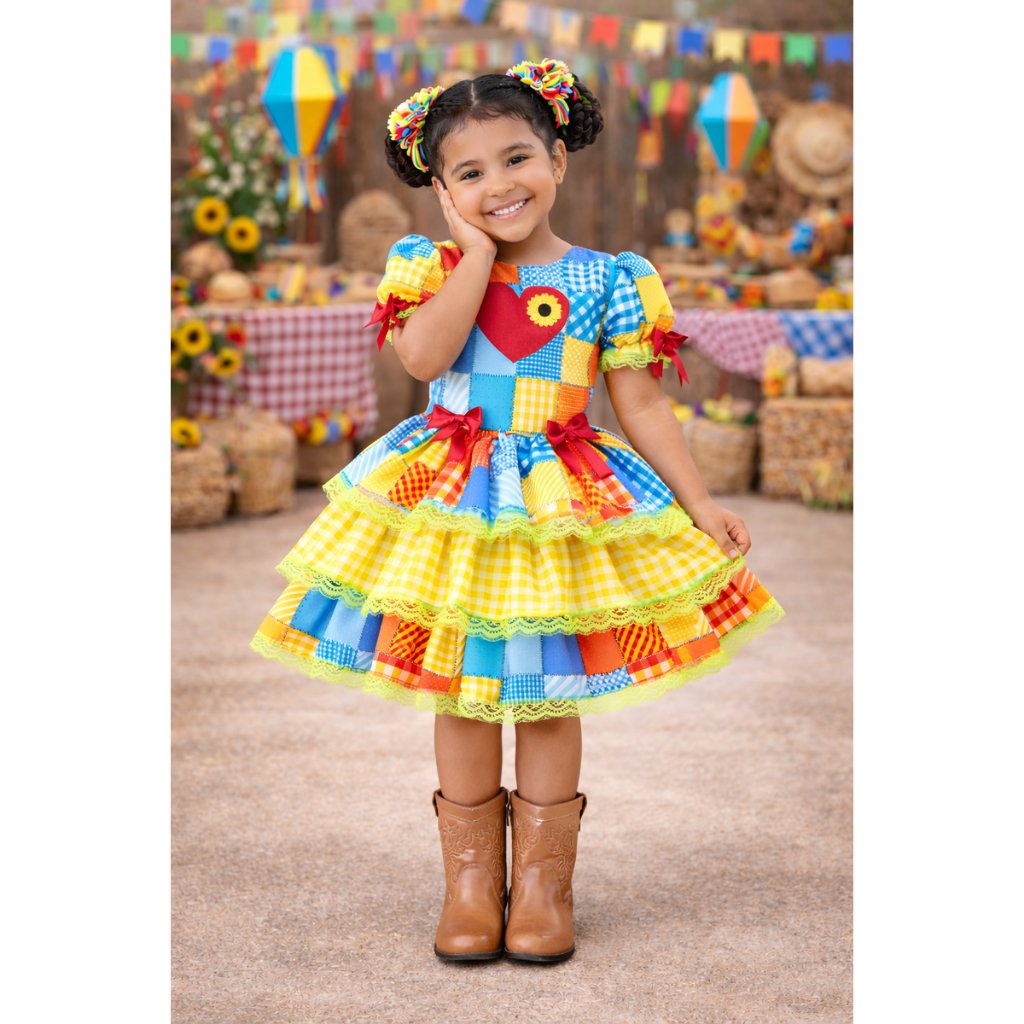 Vestido Infantil Festa Junina Amarelo Colorido Junino Retalhos Coração Quadrilha Sinhazinha Luxo