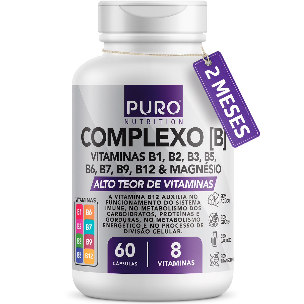 Complexo B Puro Nutrition – Vitaminas B1, B2, B3, B5, B6, B9, B12 e Magnésio, 60 Cápsulas