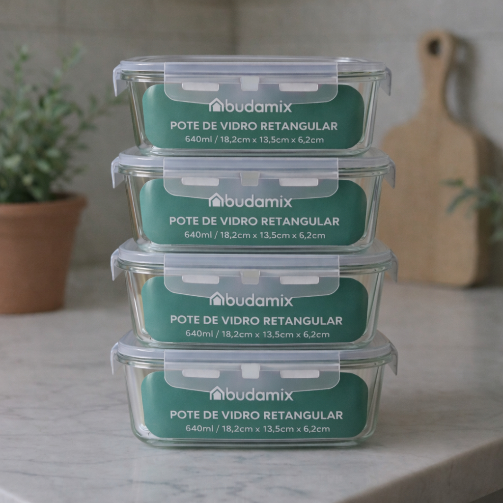 Kit 4 Potes de Vidro 640ml Retangular Hermético 4 Travas Vedação Marmita em Oferta na Shopee