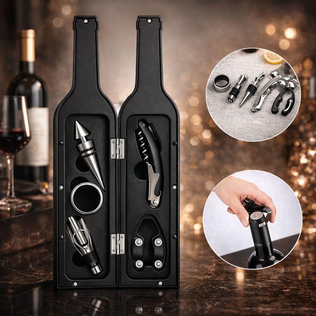 Kit Acessórios para Vinho 5 ou 3 Peças – Saca-Rolhas Profissional, Abridor, Corta Lacre e Tampa Vedadora em Oferta na Shopee