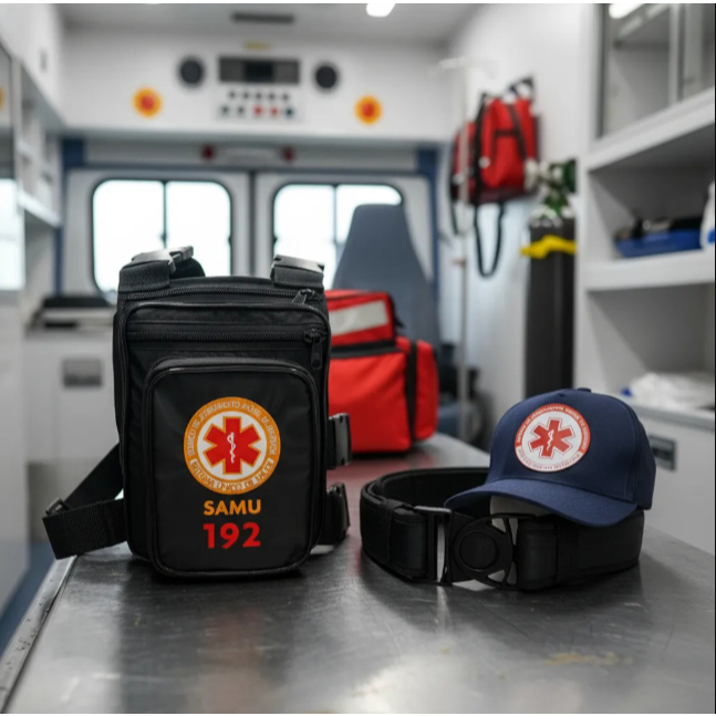KIt Bornal de Perna Samu Preto + Cinto de Guarnição com Protetor Lombar + Boné Samu Modelo Trucker