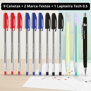 Kit Escolar Com 9 Canetas Esferograficas  Dois Marcadores e Lapiseira Tecnica 05 Para estojo Volta as Aulas em Oferta na Shopee