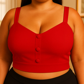 Cropped Plus Size Feminino com Bojo em Bengaline, Alça Fina e Botões – G1 ao G3 em Oferta na Shopee