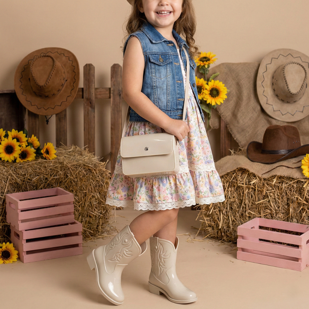 Kit Bota Texana Infantil Feminina + Bolsa Com Alça Transversal PVC Impermeável