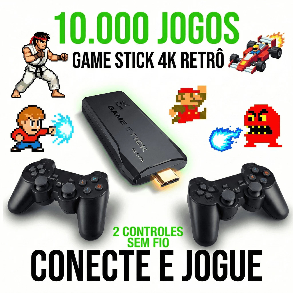 Videogame Stick 4k 10mil Jogos Retro Antigo 2 Controles Sem Fio Console Original Portatil