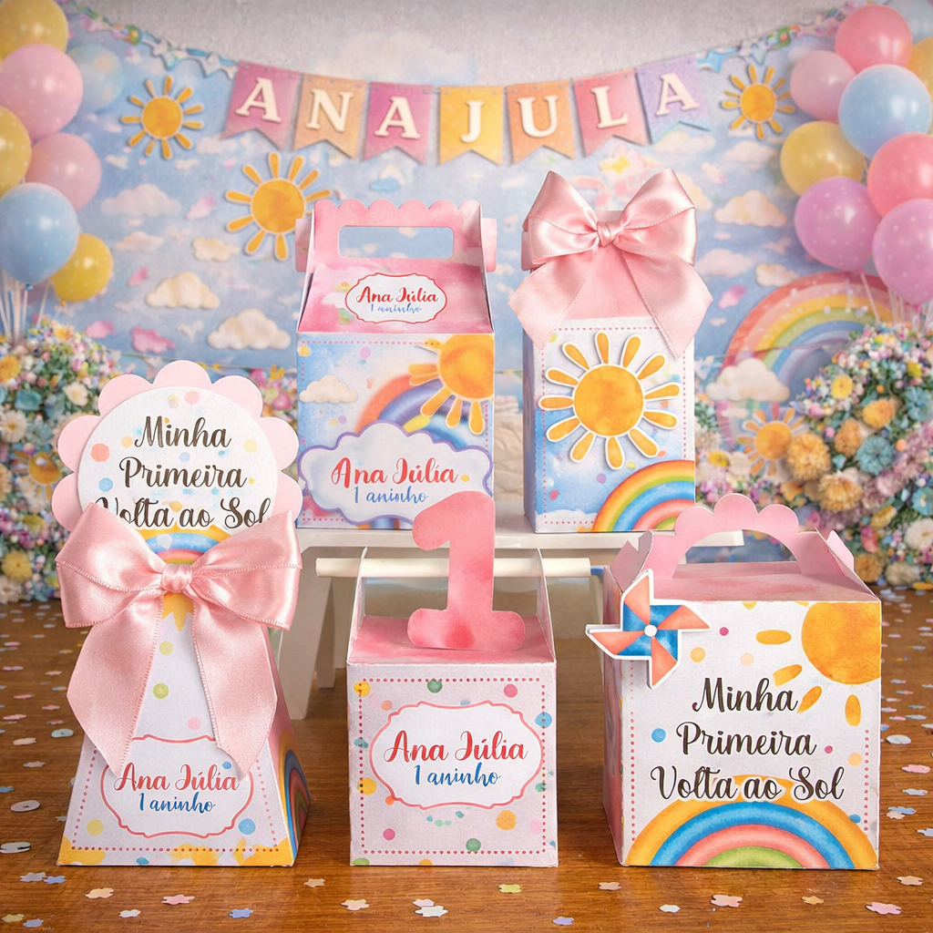 Kit Caixinhas Personalizadas Primeira Volta ao Sol | Pegue e Monte | Lembrancinha Aniversário e Festa Infantil