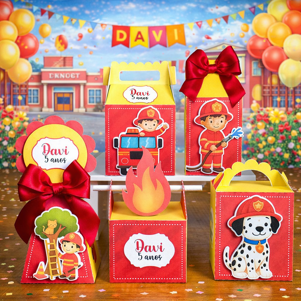 Kit Caixinhas Personalizadas Bombeiro | Pegue e Monte | Lembrancinha Aniversário e Festa Infantil