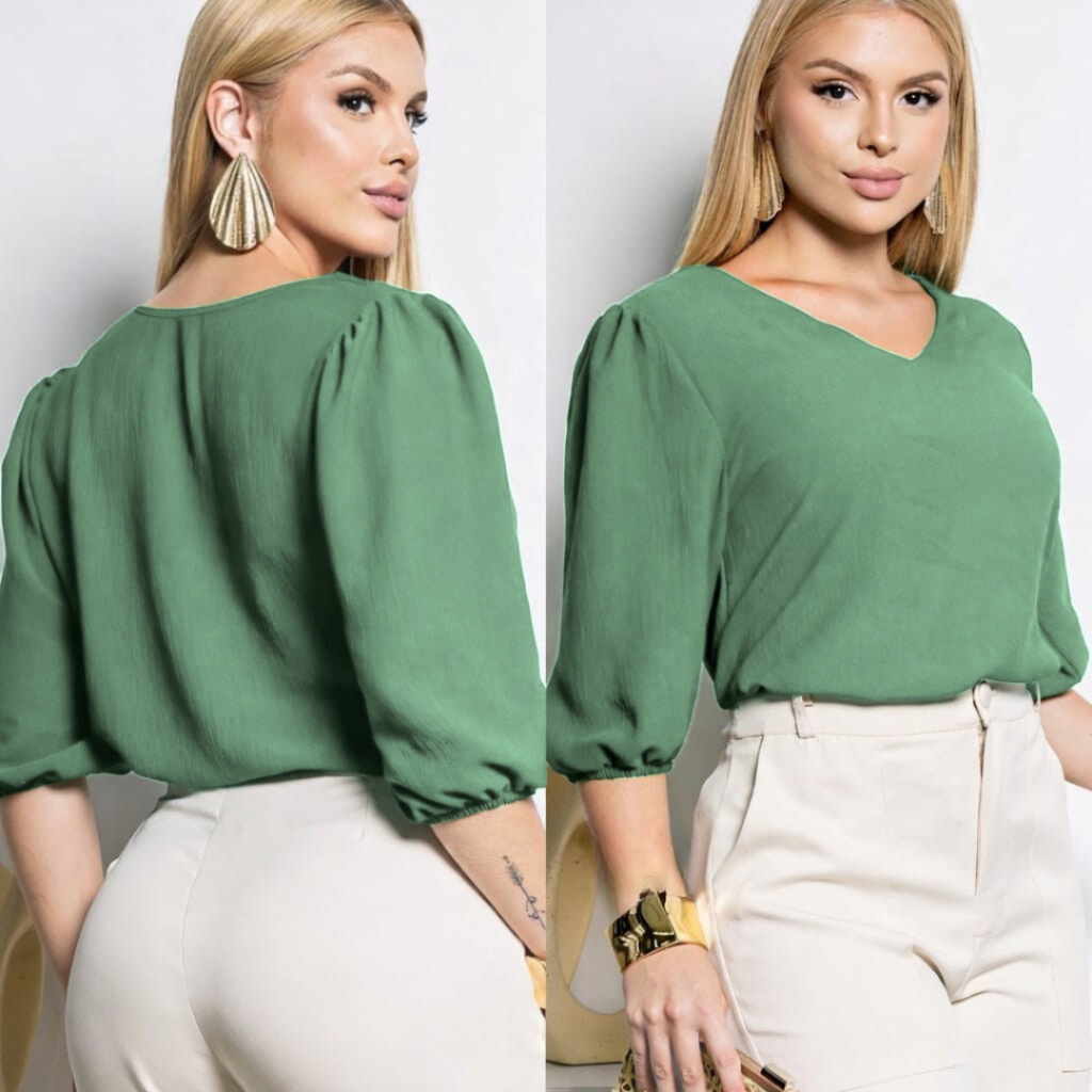 Blusa Feminina  Manga 3/4 Social Elegante Decote V