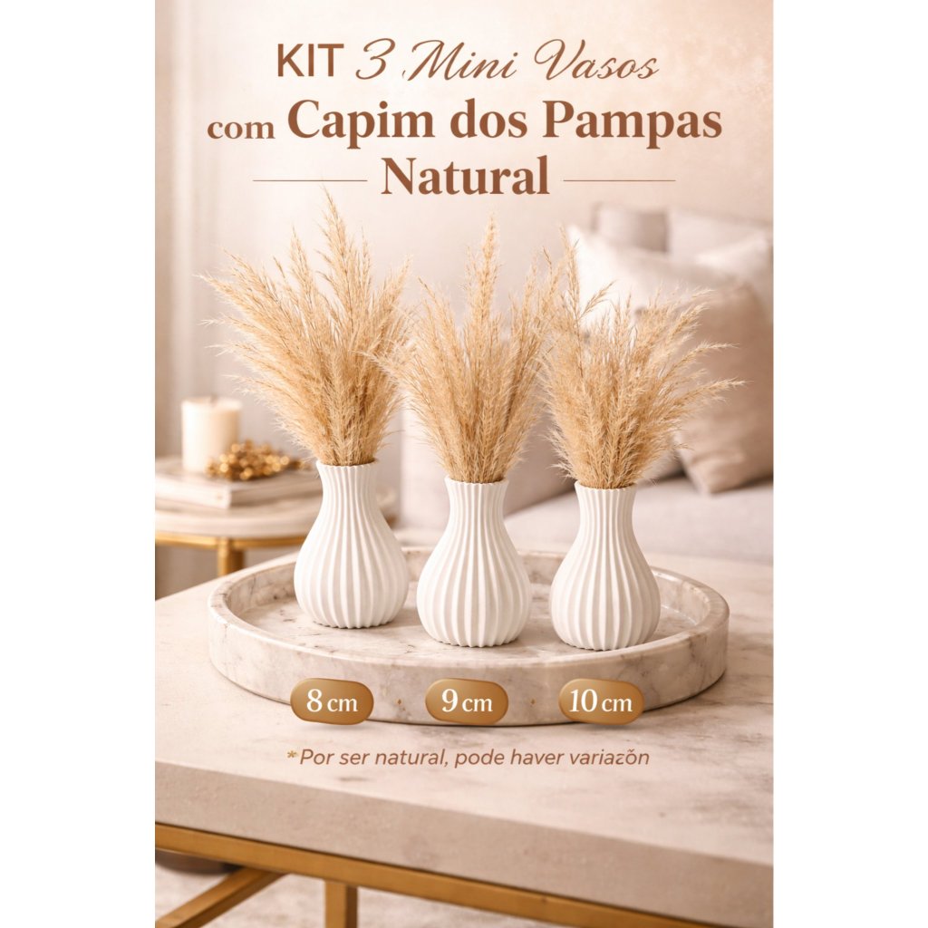 3 Mini Vasos Decorativos com Capim dos Pampas Natural (8 cm, 9 cm e 10 cm)