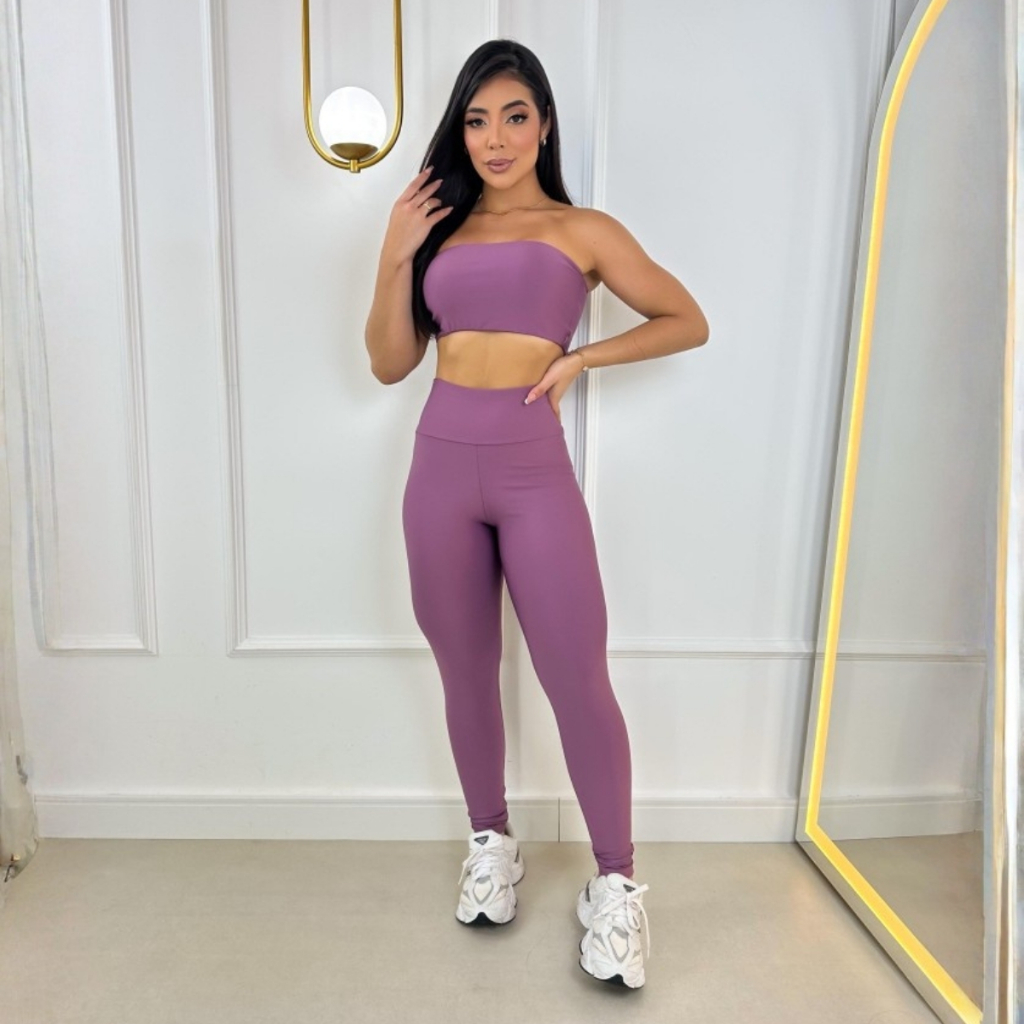 Conjunto Top Faixa Com Calça Zero Transparência Fitness Academia Bojo Removível Cropped e Legging em Oferta na Shopee
