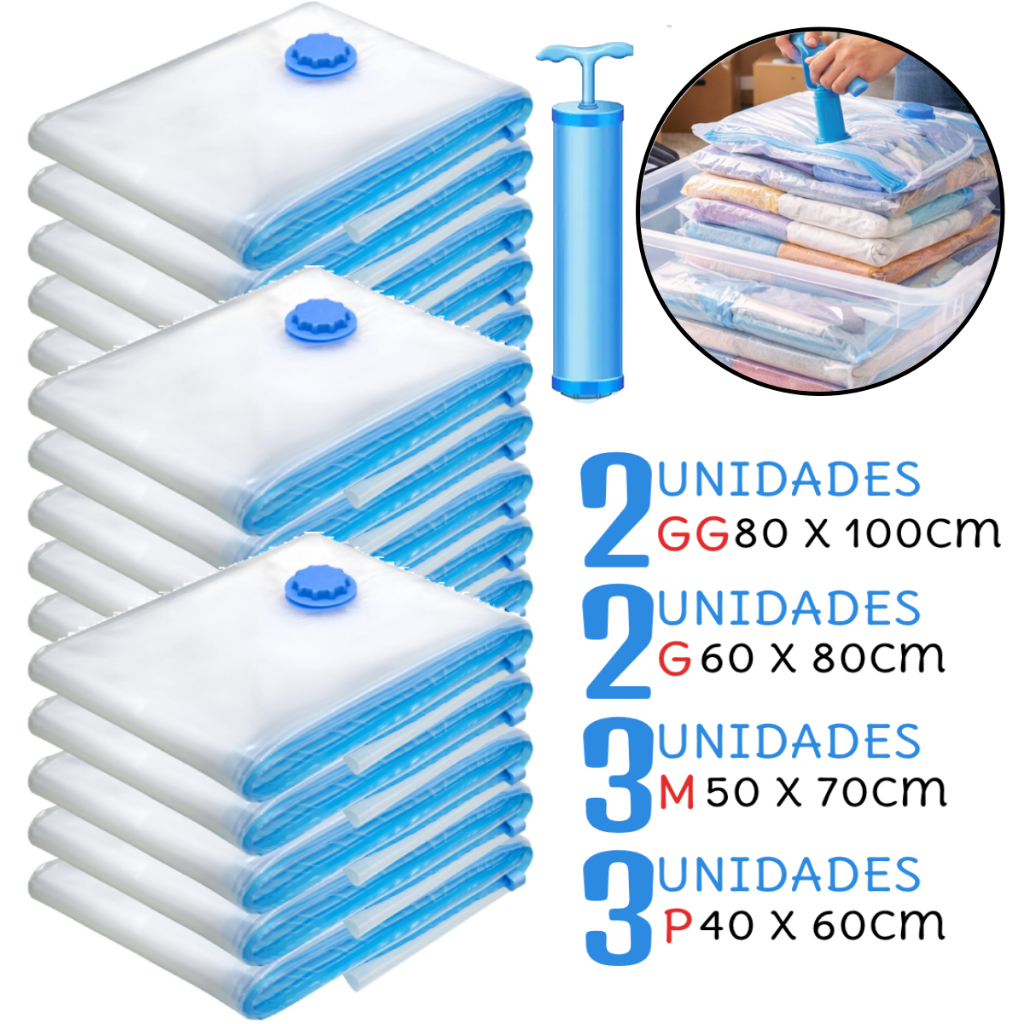 Kit 10 Saco A Vacuo Viagem Mala Organizador Embalagem Com Bomba Pack Reutilizável
