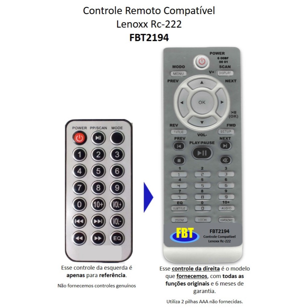 Controle Compatível Com LENOXX CAIXA DE SOM RC-222 FBT2194