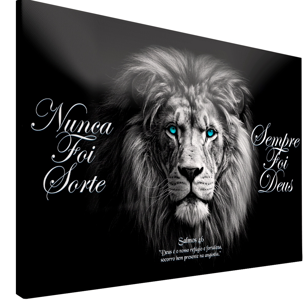 Quadro decorativo Leao de Juda religioso Nunca foi Sorte Sempre foi Deus preto e branco