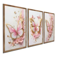 Quadro Decorativo Mosaico 3 Peças Borboleta Rosa Sala Quarto