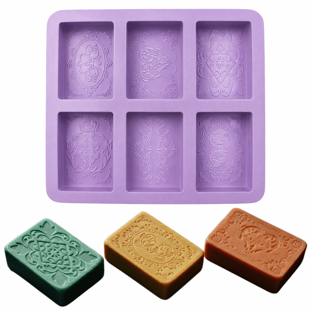 Molde De Silicone Sabonete Artesanal 90g Forma Retangular 6 Cavidades Desenhada Arabesco Floral