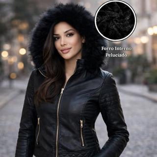 Jaqueta Feminina Couro Sintético Zíper na Manga Elegante Casual Capuz Removível em Oferta na Shopee