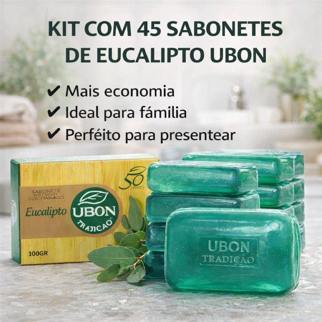 Kit 45 Sabonetes Eucalipto Sauna Glicerinado Ubon em Barra Emolientes Umectantes e Oleos Essencias
