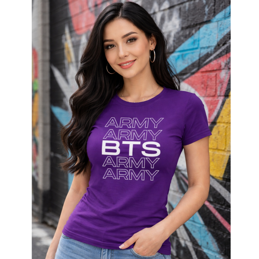 Camiseta Baby Look Feminina BTS ARMY 🖤 K-Pop Fã Coreana | Estampa Exclusiva ✨ (Roxa & Preta)camiseta bts feminina