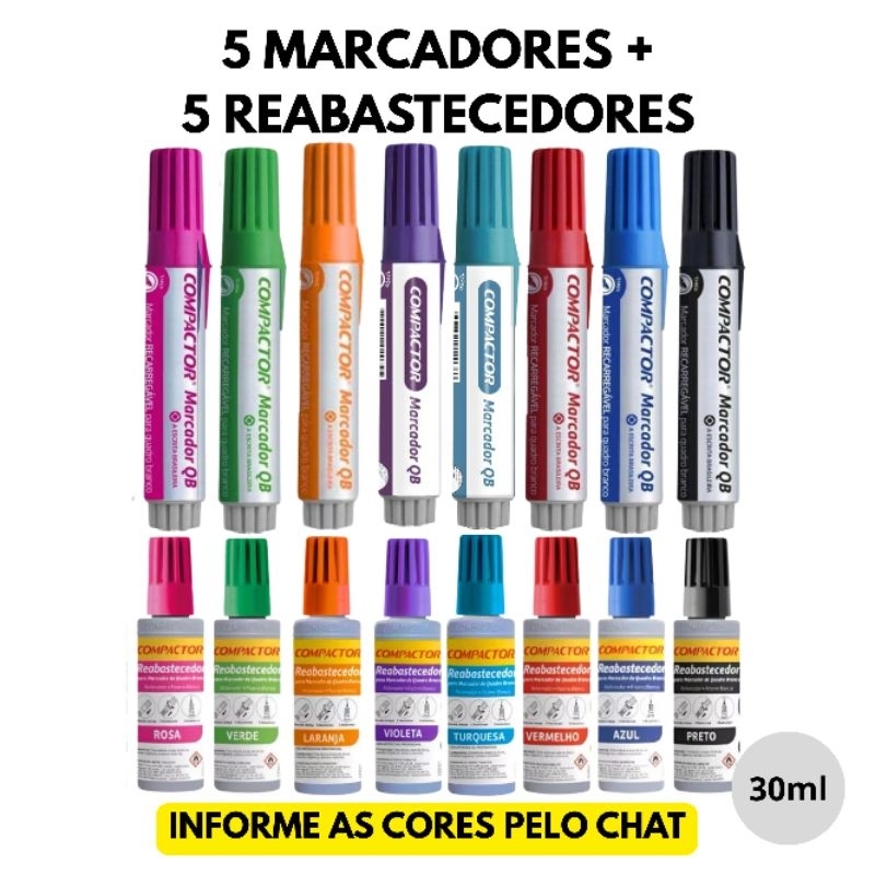 5 pincel marcador recarregável quadro branco compactor + 5 reabastecedor 30ml (informe as 5 cores no chat) em Oferta na Shopee