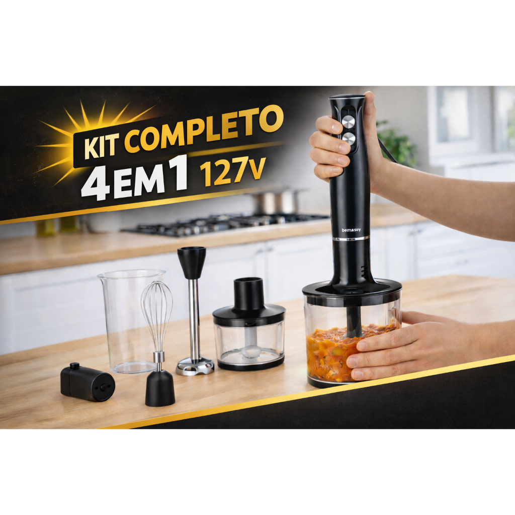 Mixer 4 em 1 110V 500W Profissional Processador 500ml, Batedor e Copo – Potente e Silencioso
