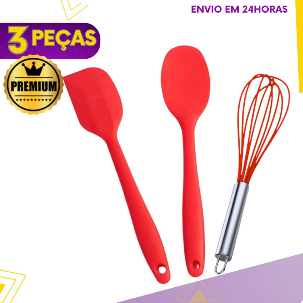 Jogo De Utensílios P/ Cozinha Em Silicone c/ 3 Peças - Não Risca Panela Antiaderente