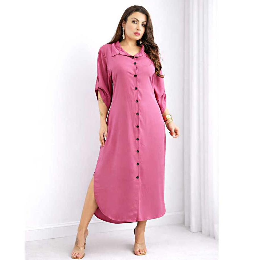 Vestido Femenino Longo, Chemise Plus Size Con Botões, Manga3/4 Ajustable, Tecido Viscolinho