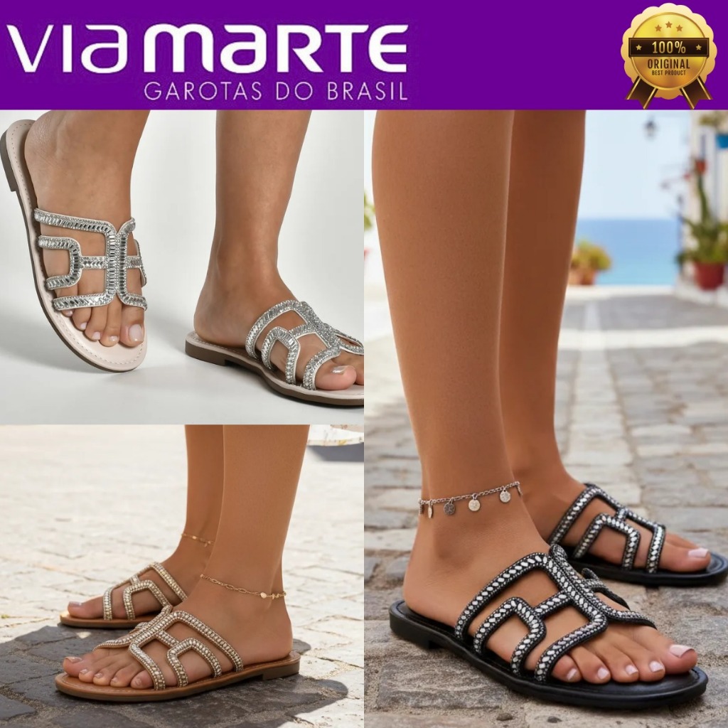 Rasteirinha Via Marte Feminina Sandália Tiras Geométricas com Strass Brilho Conforto Original
