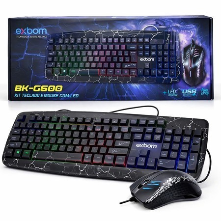 KIT Gamer Teclado e Mouse com Fio USB Exbom BK-G600 LED RGB para PC e Notebook