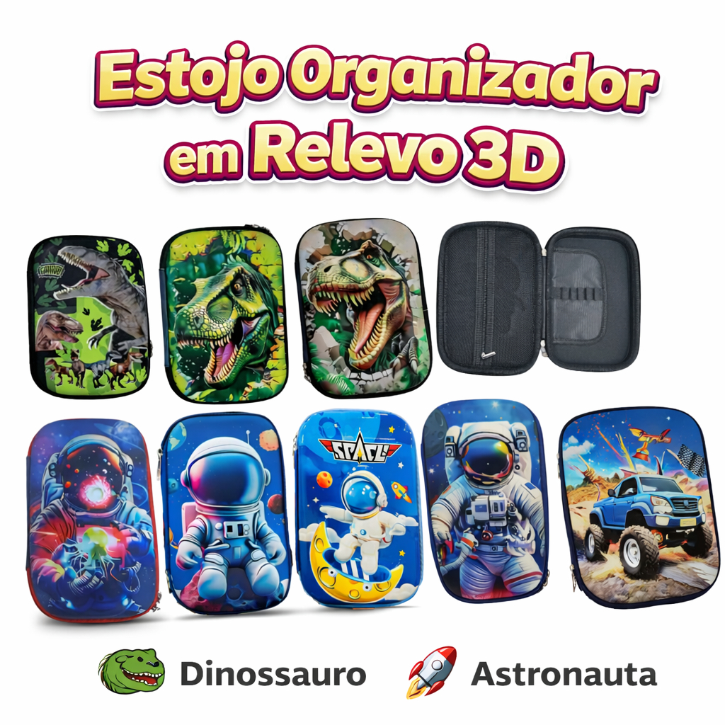 Estojo Escolar 3D Infantil com Relevo – Dinossauro e Astronauta | Estojo Organizador Rígido com Zíper em Oferta na Shopee