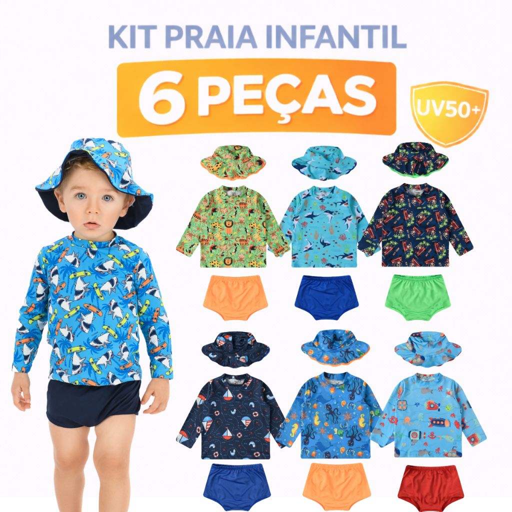 Kit Lote Sortido 6 Peças de Roupa De Praia Bebê Menino Infantil Verão Masculino