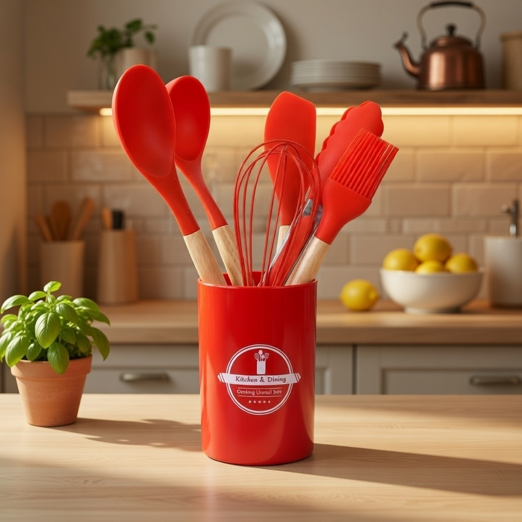 Kit Conjunto 7 Peças Utensílios Silicone Cabo Madeira Panela Antiaderente Fuet Colher Concha Suporte